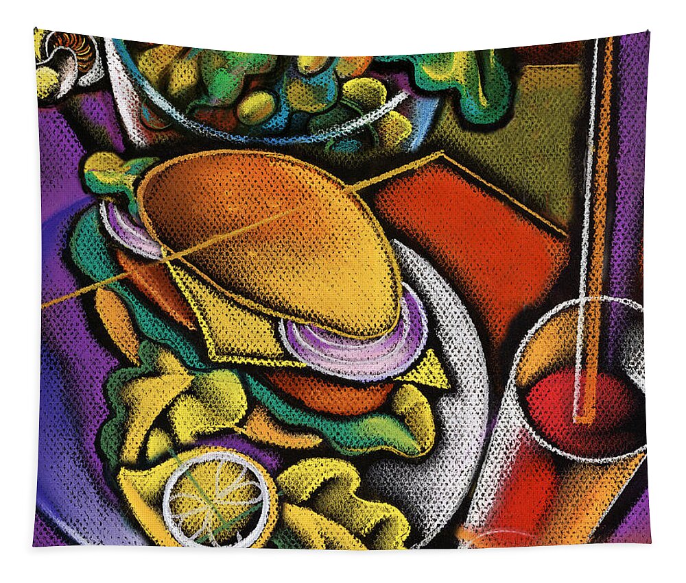 Appetite Appetizing Artwork Benefit Bowl Delicious Delight Devouring Diet Dieter Dieting Dining Dinner Dinnerware Dish Dishware Drawing Eating Edible Enjoyment Enticement Expectation Feasting Flatware Food Gracious Graphic Graphic Art Graphic Design Gratifying Health Healthy Heat Hospitality Hot Hunger Hungry Illustration Implement Lettuce Lifestyle Liquid Lunch Luncheon Lunchtime Meal Nobody Nourishment Nutrition Soup Dinner Food Tapestry featuring the painting Food And Beverage by Leon Zernitsky