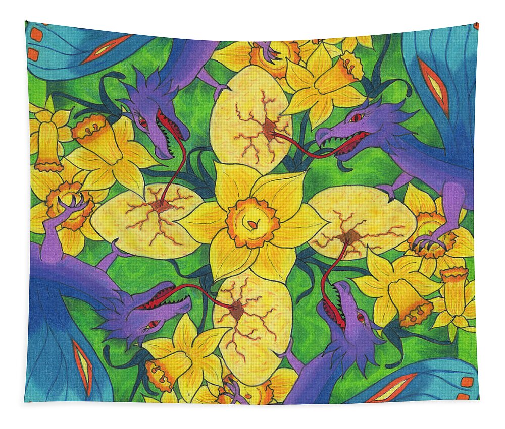 Dragon Tapestry featuring the drawing Dragondala Spring #1 by Mary J Winters-Meyer