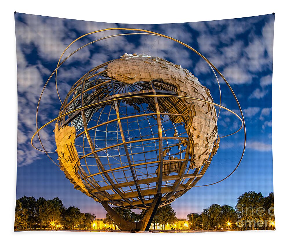 1964-1965 World's Fair Tapestry featuring the photograph Fairgrounds Unisphere by Jerry Fornarotto
