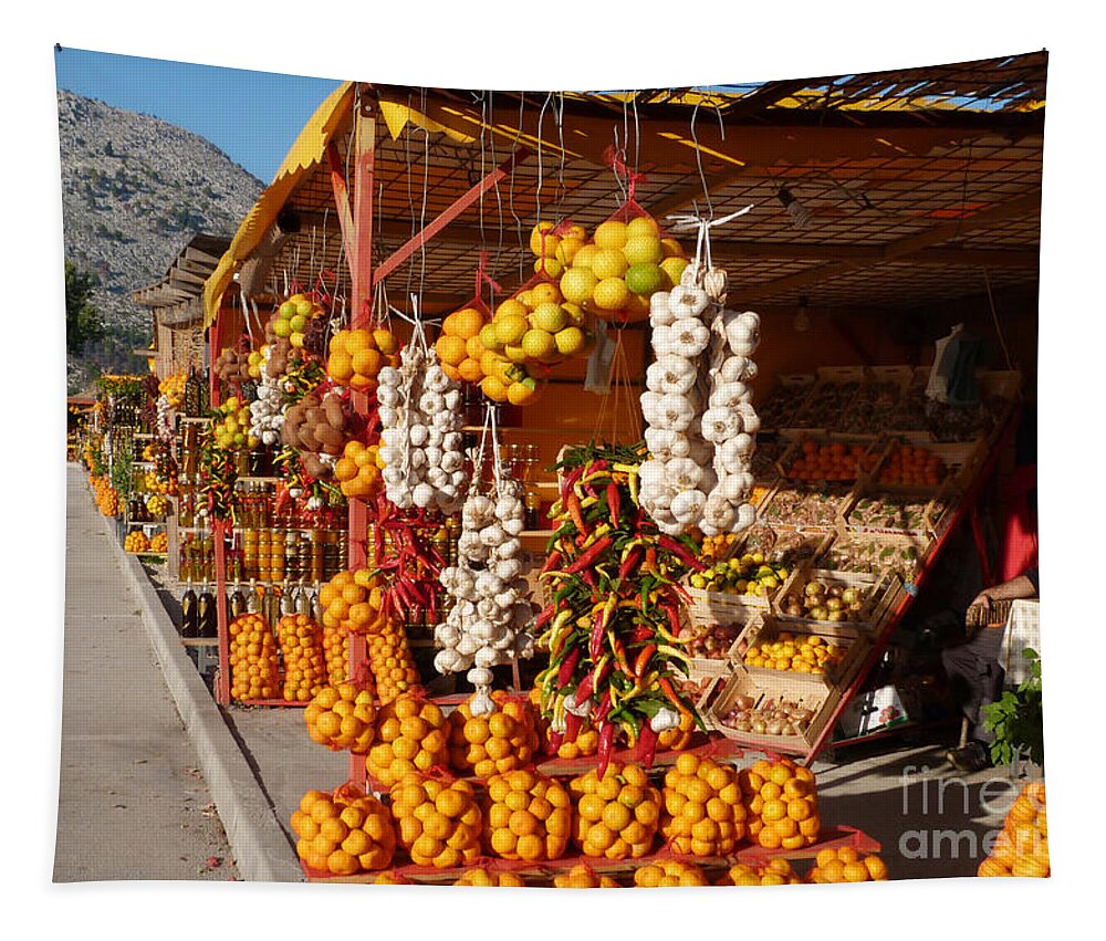 Fruit Tapestry featuring the photograph Fruit and Vegtable Stalls - Opuzen - Croatia by Phil Banks
