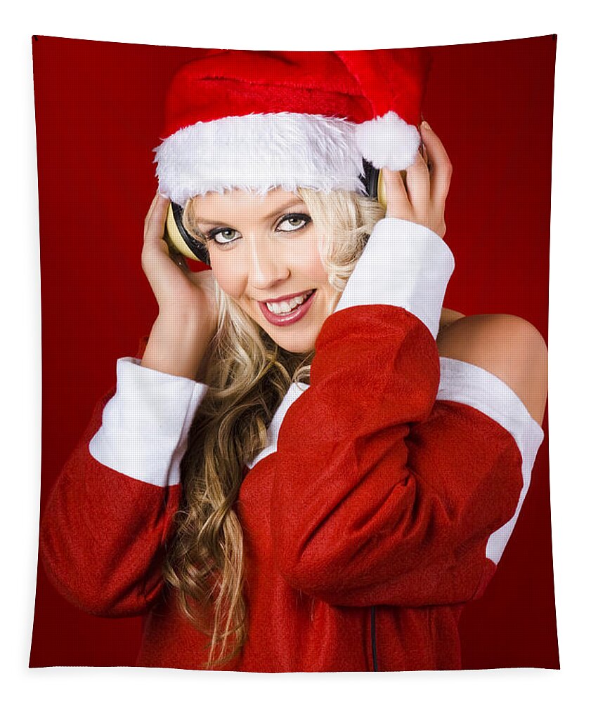 Christmas Tapestry featuring the photograph Happy Dj Christmas Girl Listening To Xmas Music by Jorgo Photography