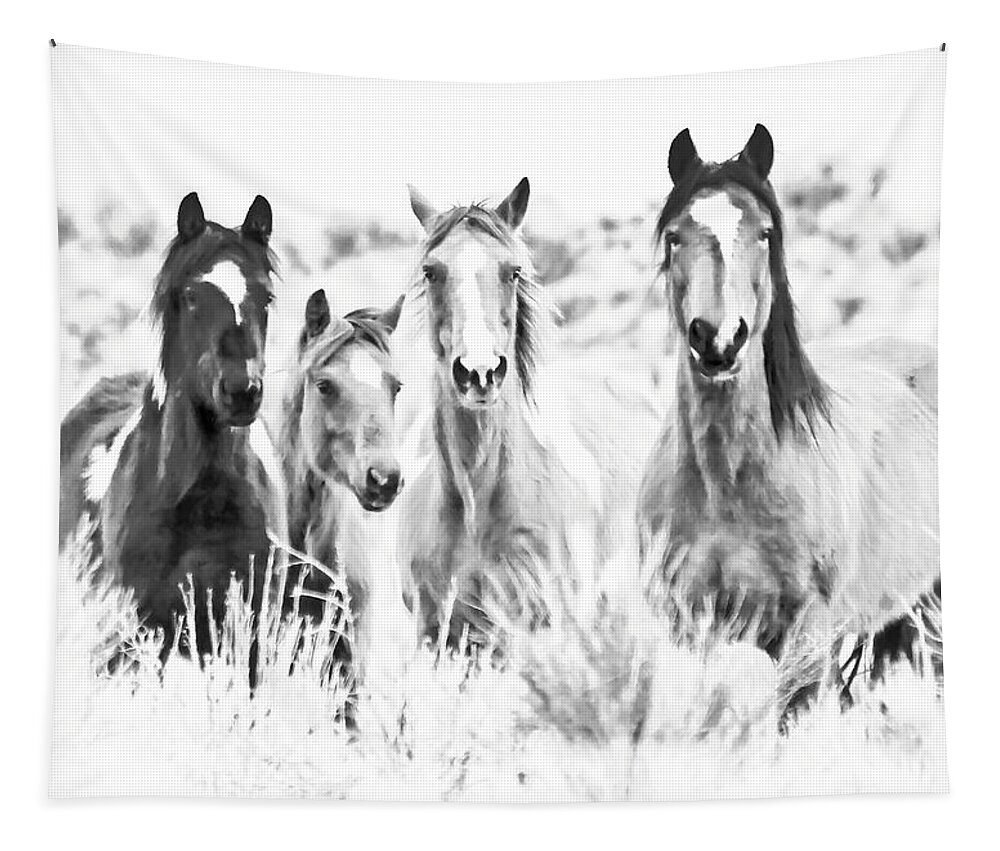 Horses Tapestry featuring the photograph Breakfast Club BW by Athena Mckinzie