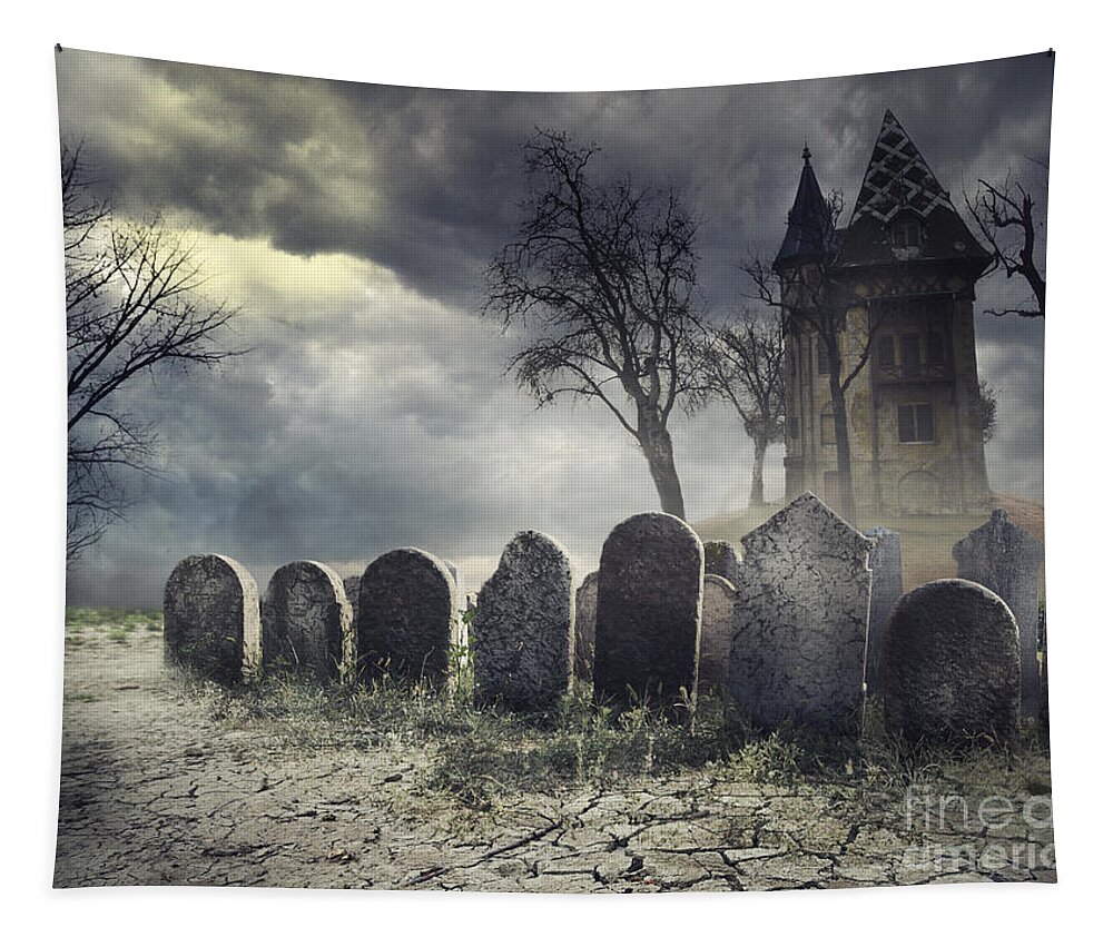 Halloween Tapestry featuring the digital art Hunted House on Graveyard #1 by Jelena Jovanovic