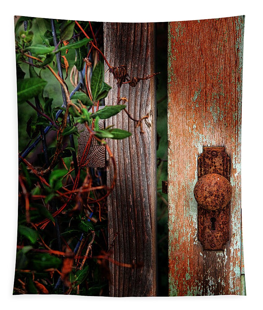 Rusty Doorknob Tapestry featuring the photograph The Garden Door by Jim Garrison