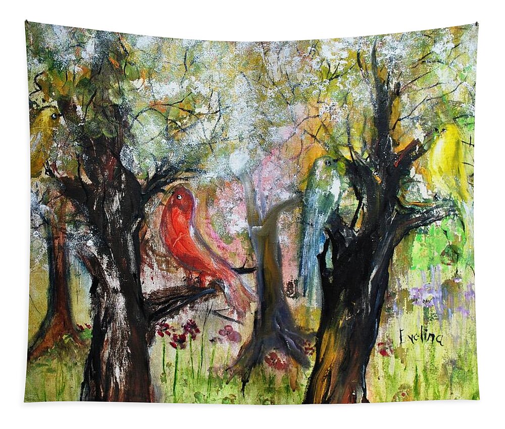 Birds Tapestry featuring the painting In the Woods #1 by Evelina Popilian