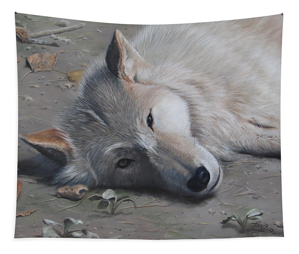 Wolf Tapestry featuring the painting Just a Little Break by Tammy Taylor