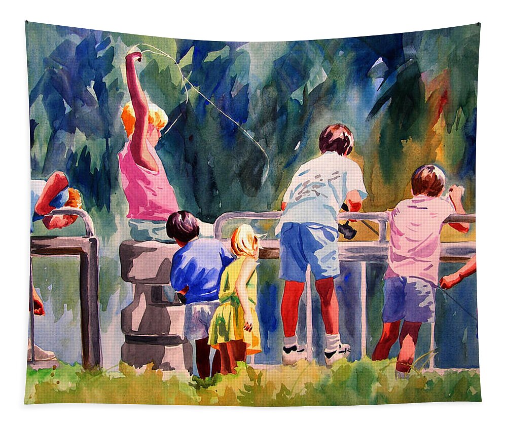 Art Tapestry featuring the painting Kids Fishing by Julianne Felton