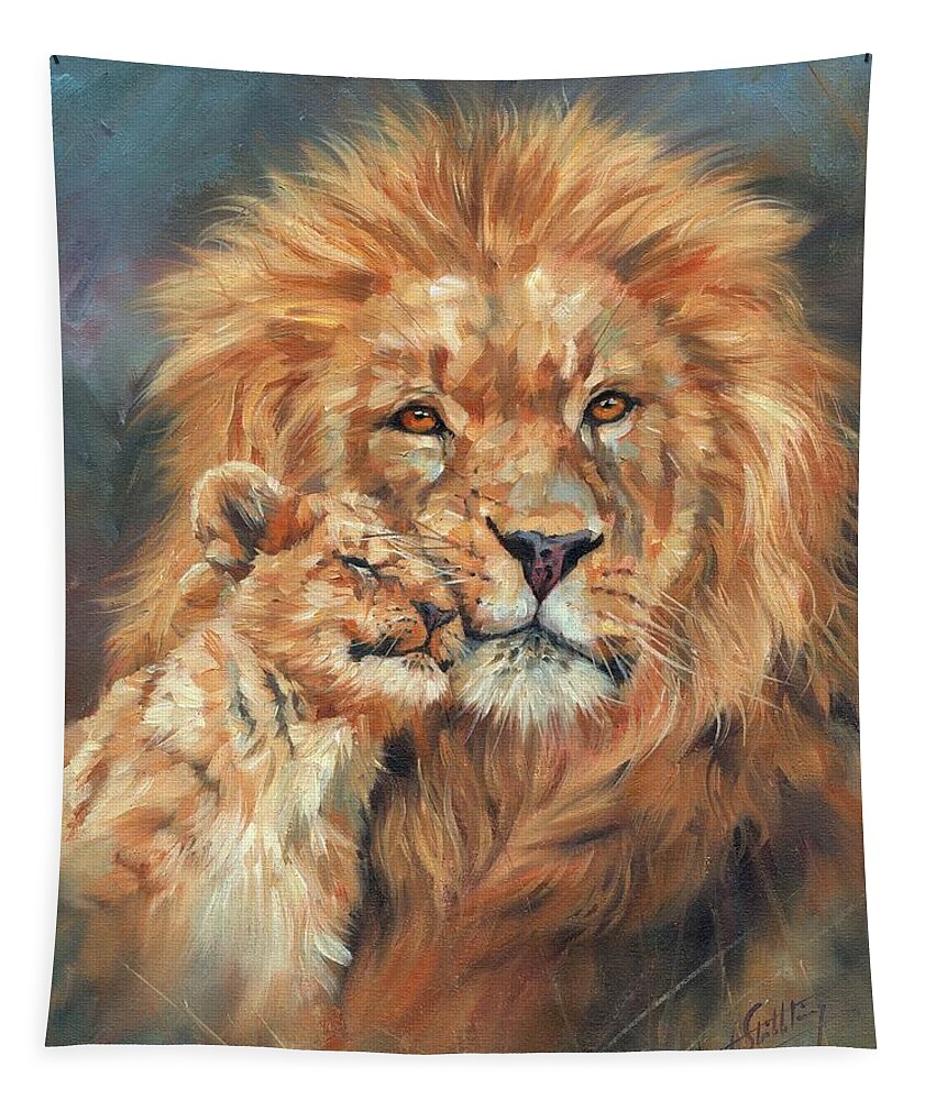 Lion Tapestry featuring the painting Lion Love #1 by David Stribbling