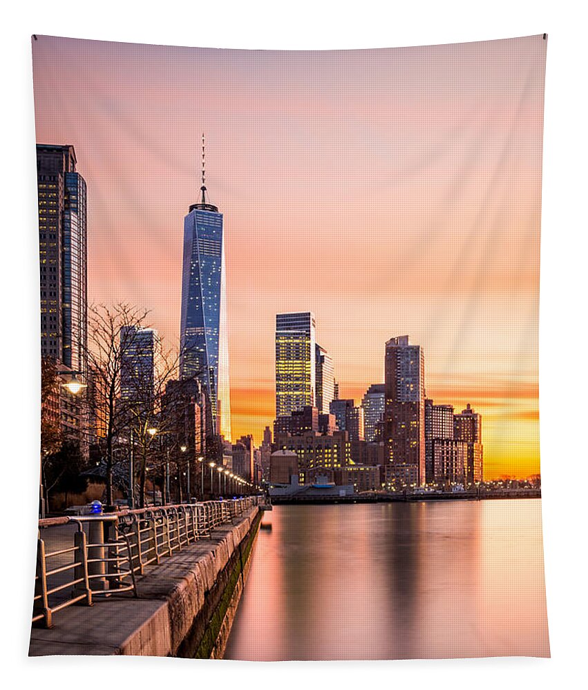 America Tapestry featuring the photograph Lower Manhattan at sunset #1 by Mihai Andritoiu