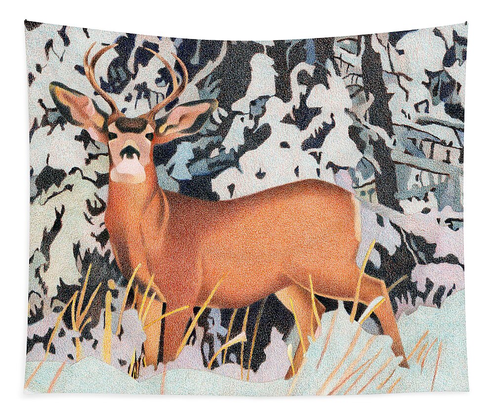 Art Tapestry featuring the drawing Mule Deer #2 by Dan Miller