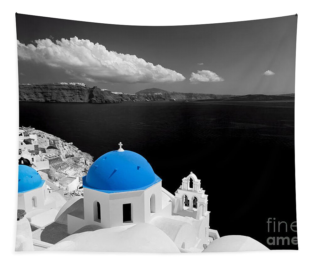 Greece Tapestry featuring the photograph Oia town on Santorini island Greece Blue dome church black and white. #1 by Michal Bednarek