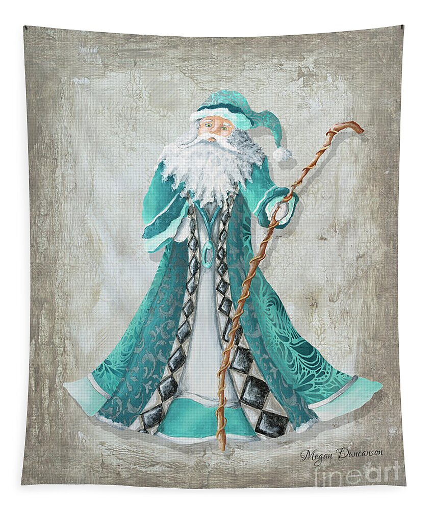 Santa Tapestry featuring the painting Old World Style Turquoise Aqua Teal Santa Claus Christmas Art by Megan Duncanson #1 by Megan Aroon