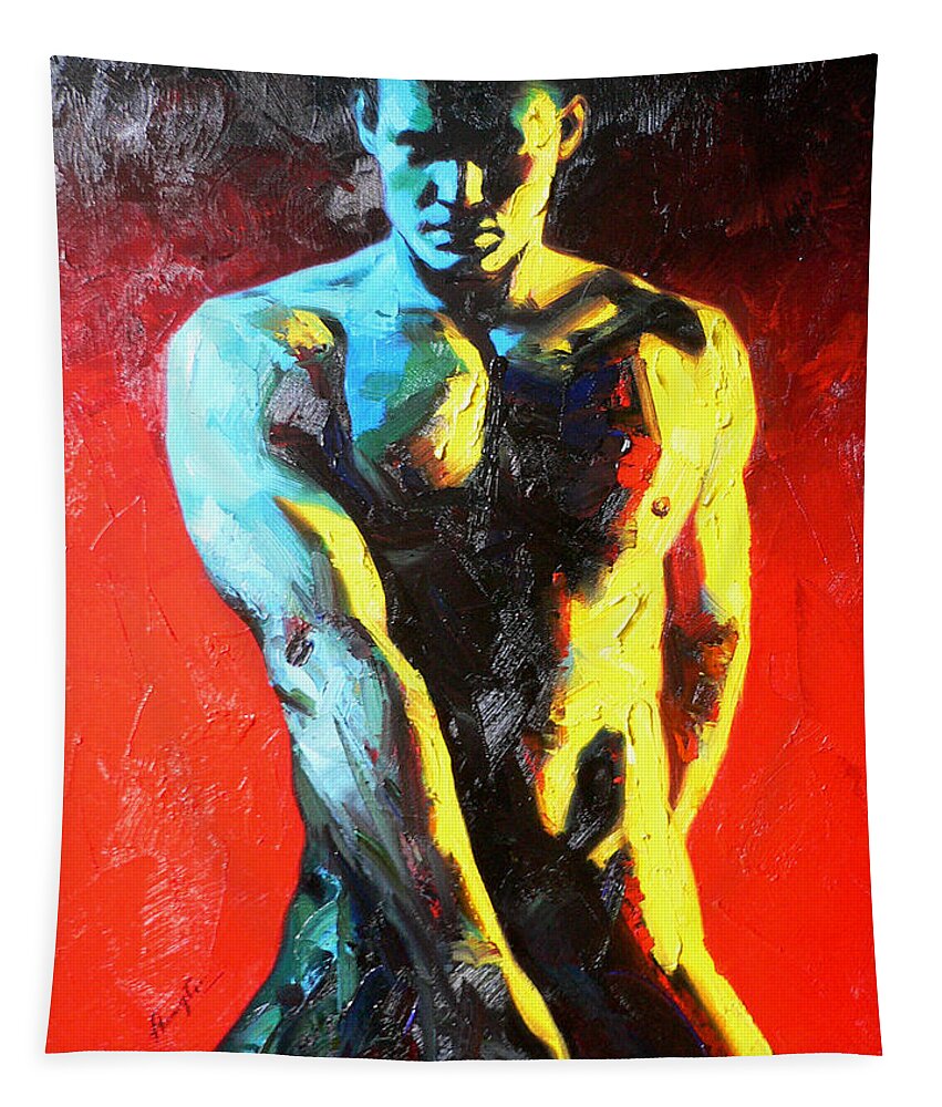 Original Art Tapestry featuring the painting Original Abstract Oil Painting Art-male Nude By Kinfe by Hongtao Huang