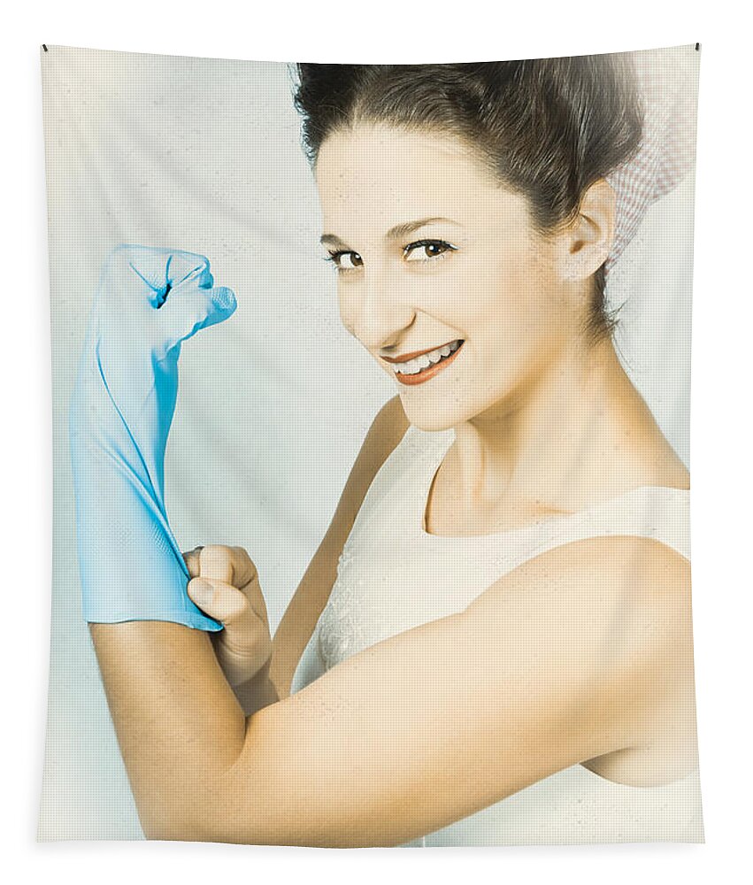 Pinup Tapestry featuring the photograph Pinup housewife flexing muscles. Cleaning strength #1 by Jorgo Photography