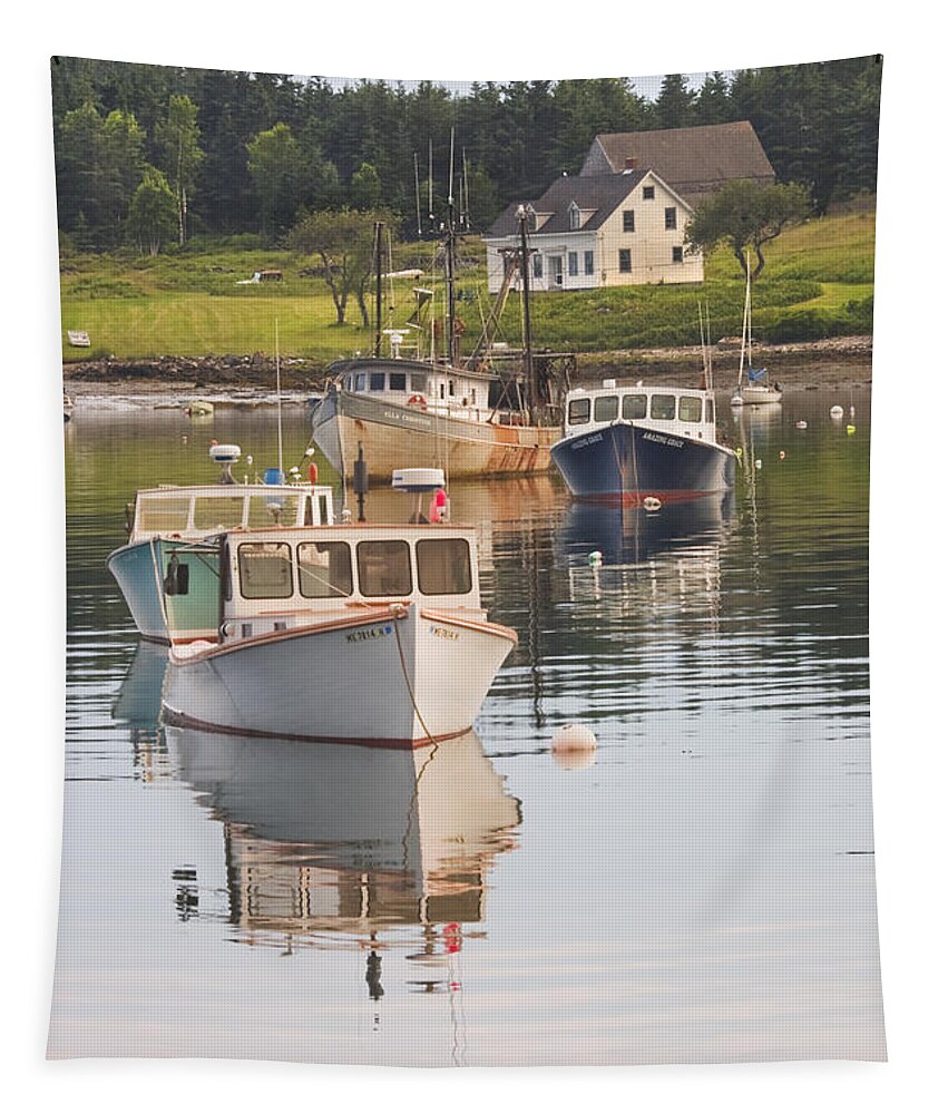 Maine Tapestry featuring the photograph Port Clyde Maine boats and Harbor #1 by Keith Webber Jr