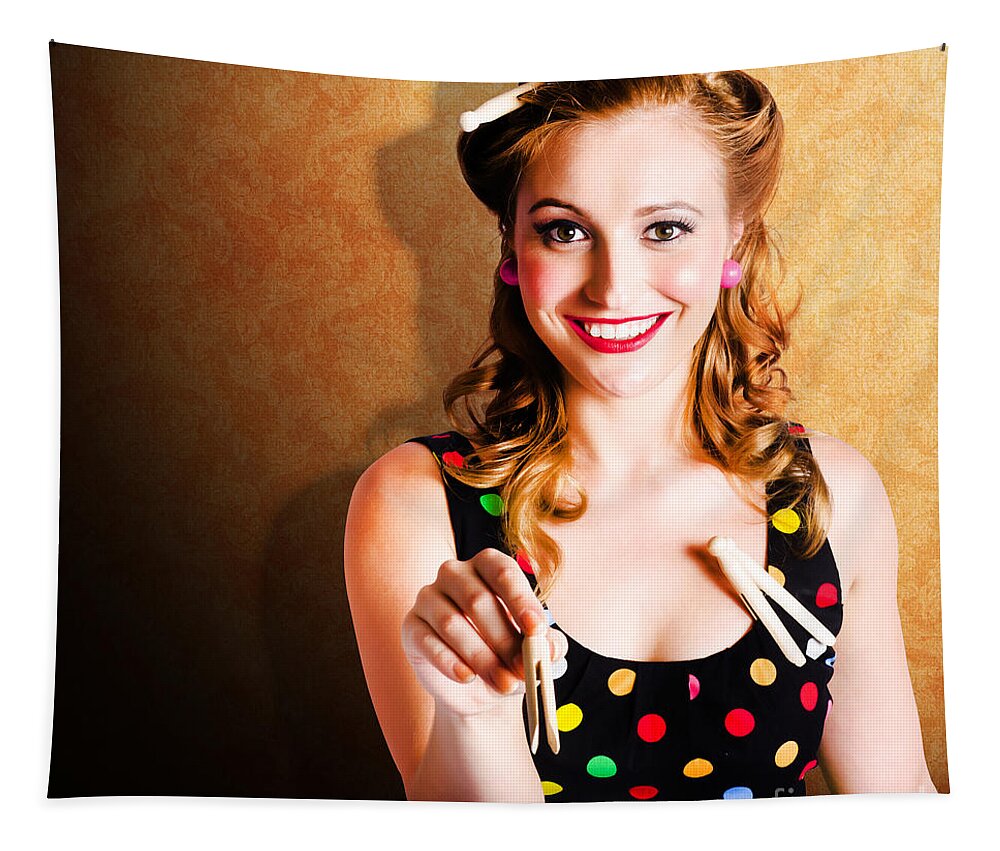 Washroom Tapestry featuring the photograph Portrait Of A Happy Pin Up Cleaning Woman by Jorgo Photography