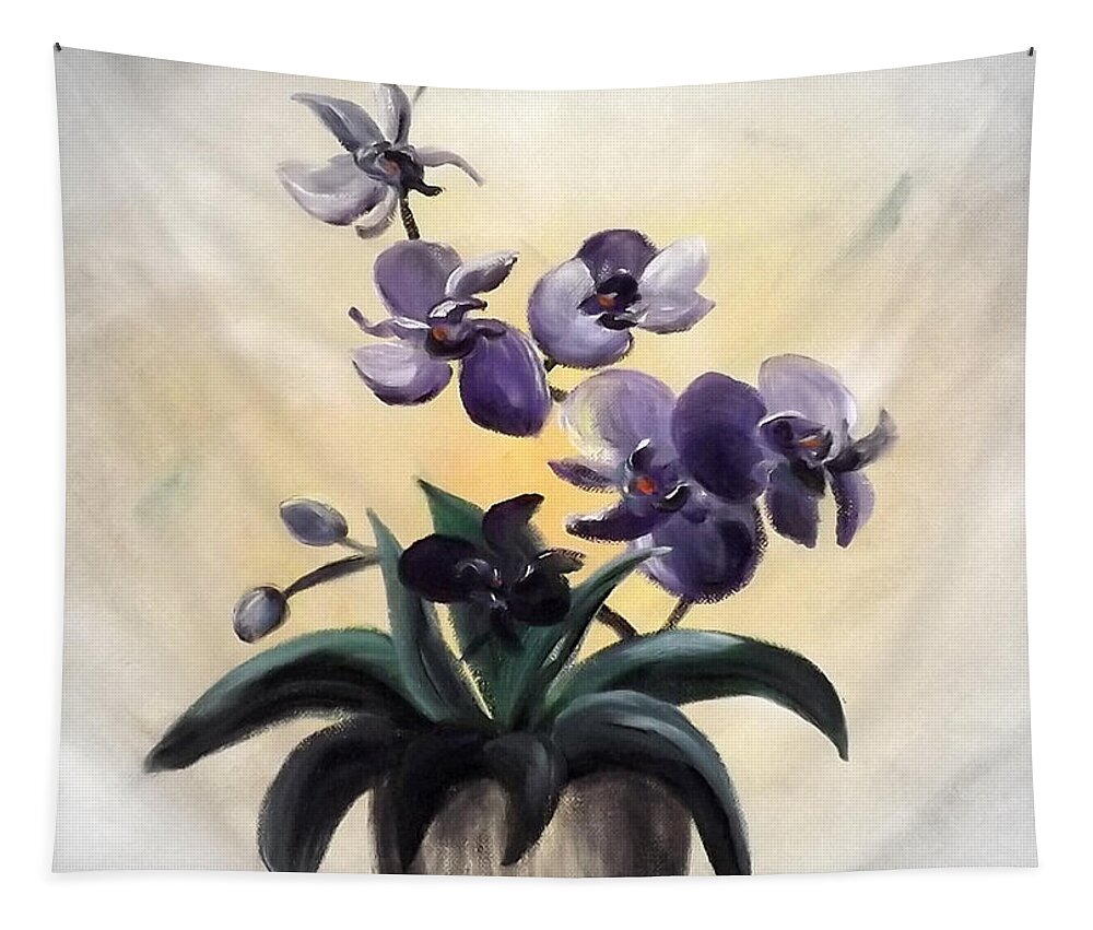 Blue Orchids Tapestry featuring the painting Purple Orchids 2 #1 by Gina De Gorna