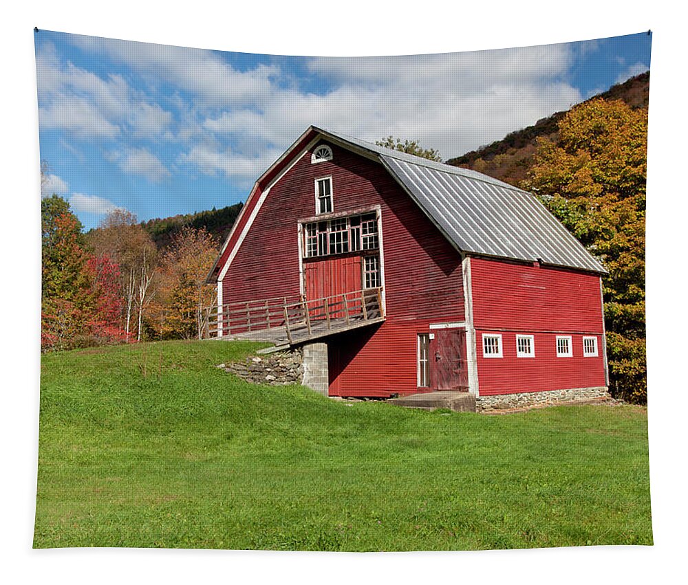 Autumn Tapestry featuring the photograph Red Barn With Blue Sky Along Route 100 #1 by Jenna Szerlag