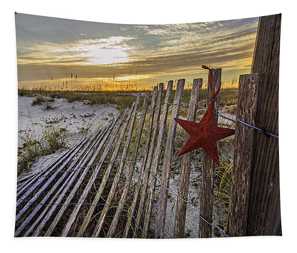 Christmas Tapestry featuring the digital art Red Star on Fence #1 by Michael Thomas