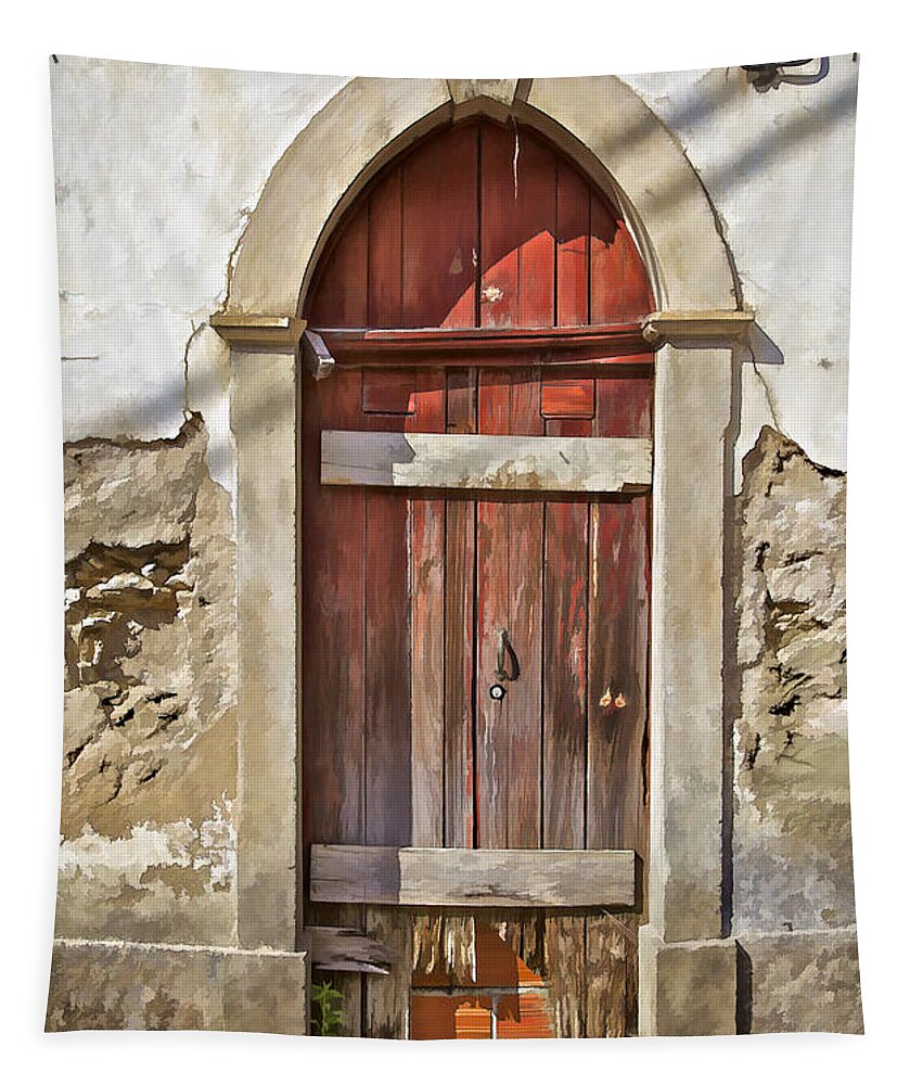 Abandon Tapestry featuring the photograph Red Wood Door of the Medieval Village of Pombal by David Letts