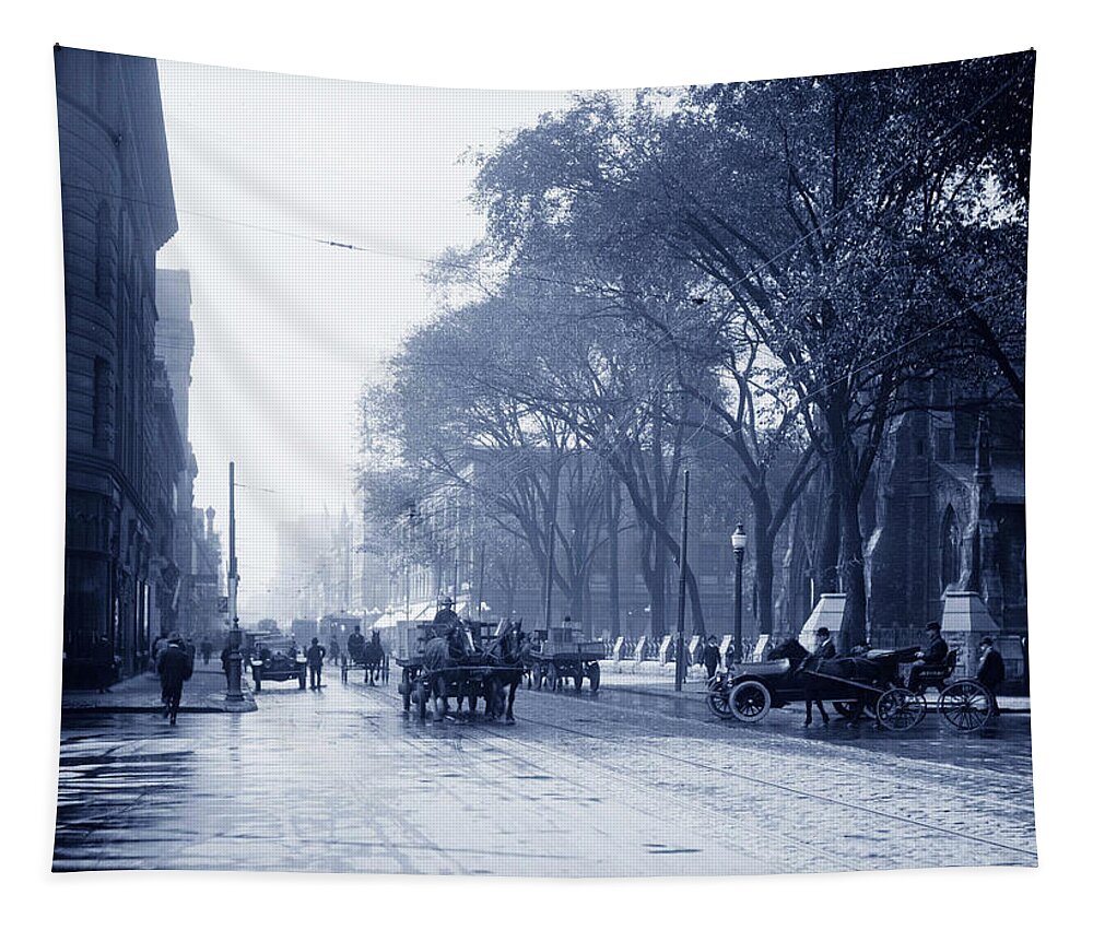 1910 Tapestry featuring the photograph St Catherine Street - Montreal 1910 #1 by Mountain Dreams