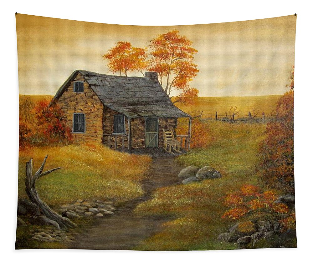 Cabin Tapestry featuring the painting Stone Cabin #2 by Kathy Sheeran