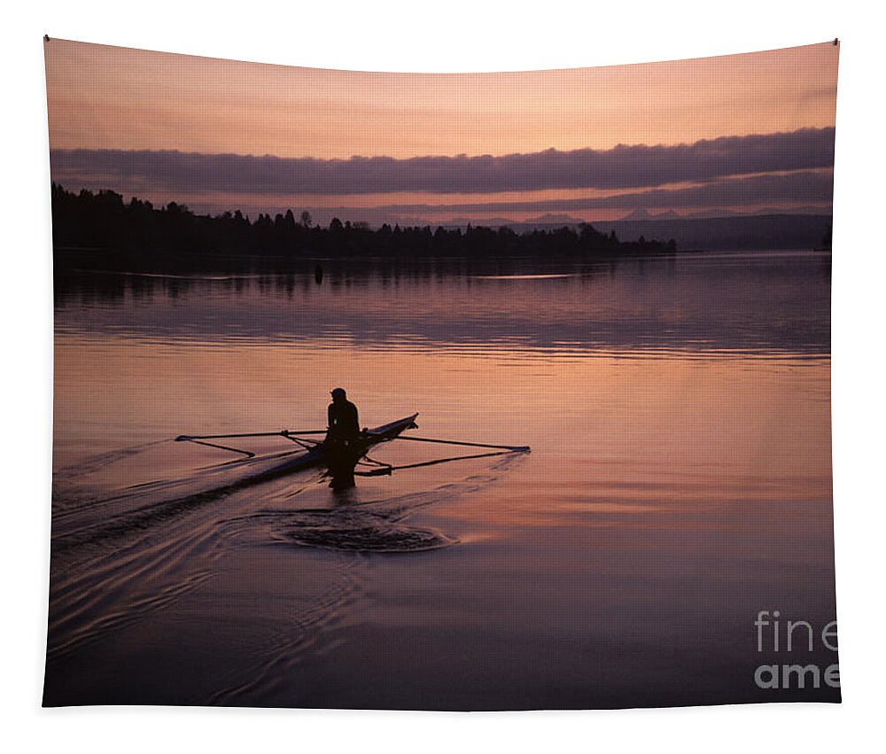 Athletics Tapestry featuring the photograph Sunrise on the Montlake Cut crew rowing on calm waters #2 by Jim Corwin