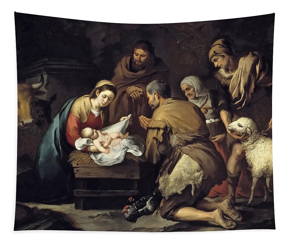 Bartolome Esteban Murillo Tapestry featuring the painting The Adoration of the Shepherds #2 by Bartolome Esteban Murillo