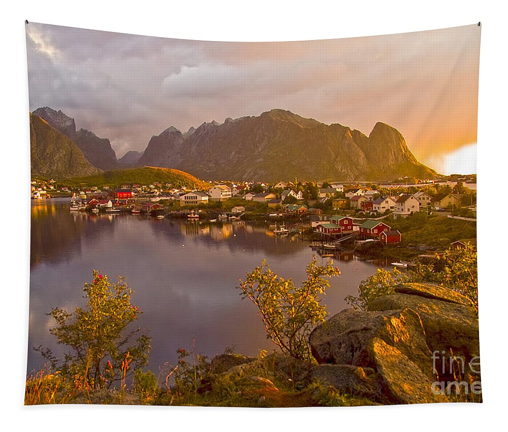 Reine Tapestry featuring the photograph The day begins in Reine by Heiko Koehrer-Wagner