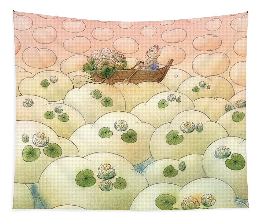Sky Clouds Rose Cat Flowers Water Lilies Dream Boat Tapestry featuring the painting The Dream Cat 04 by Kestutis Kasparavicius