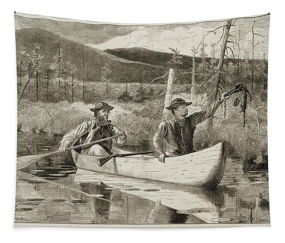 Winslow Homer Tapestry featuring the painting Trapping in the Adirondacks #1 by Winslow Homer