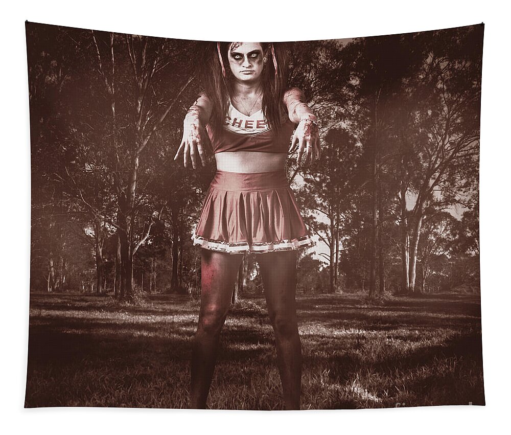 Zombie Tapestry featuring the photograph Walking dead schoolgirl stumbling back to school #1 by Jorgo Photography