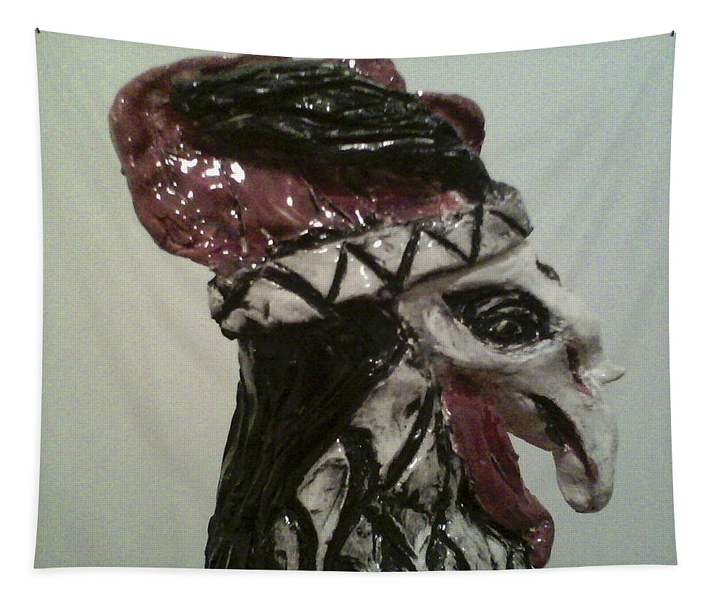 Ceramic Rooster Tapestry featuring the sculpture Warrior Rooster by Suzanne Berthier