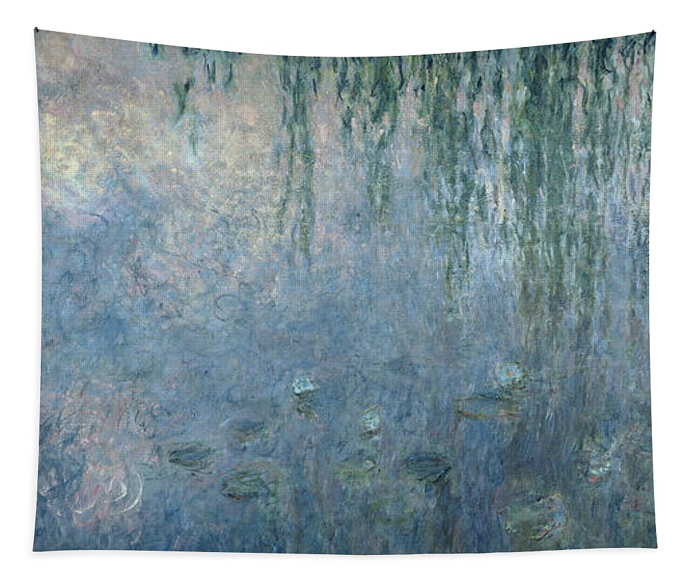 Blue Tapestry featuring the painting Waterlilies Morning with Weeping Willows by Claude Monet