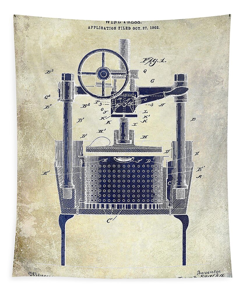Wine Press Tapestry featuring the photograph 1902 Wine Press Patent Drawing 2 Tone by Jon Neidert