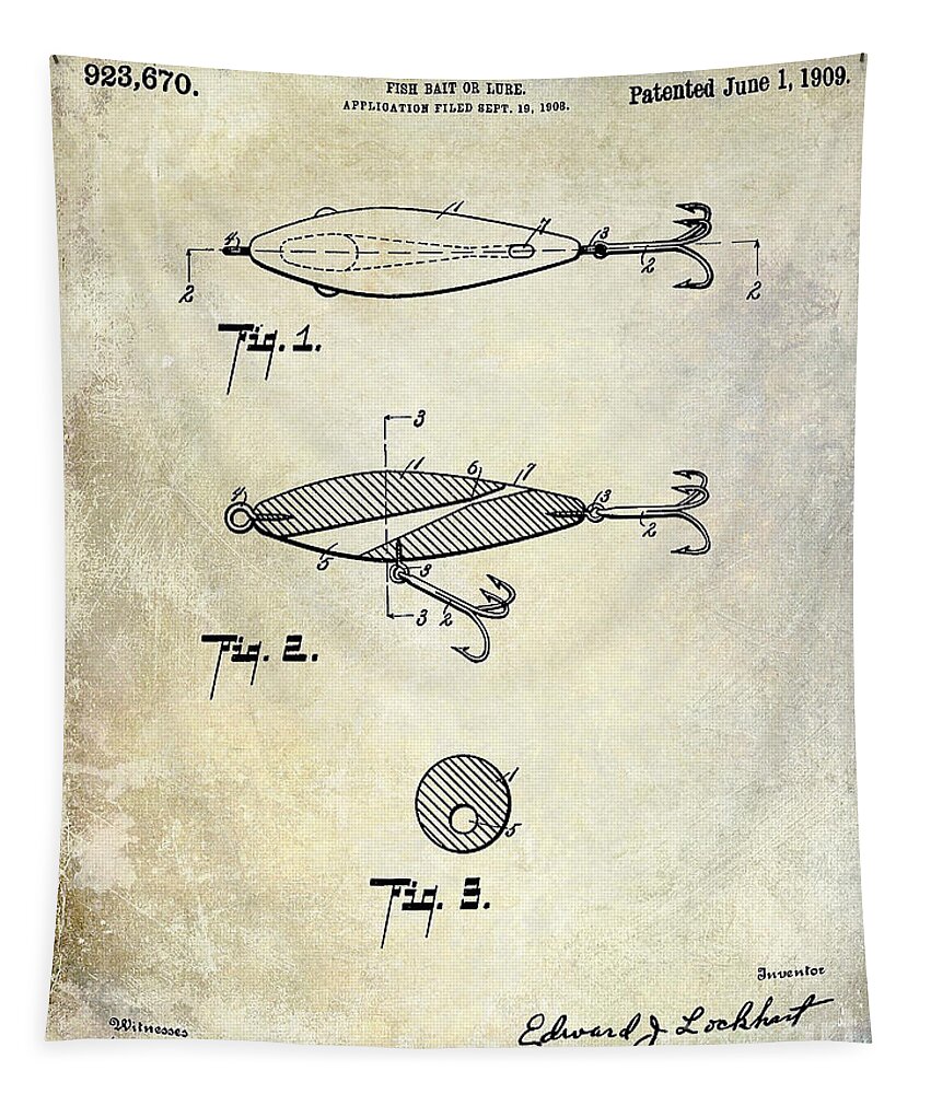 1909 Fishing Lure Patent Drawing Tapestry by Jon Neidert - Pixels