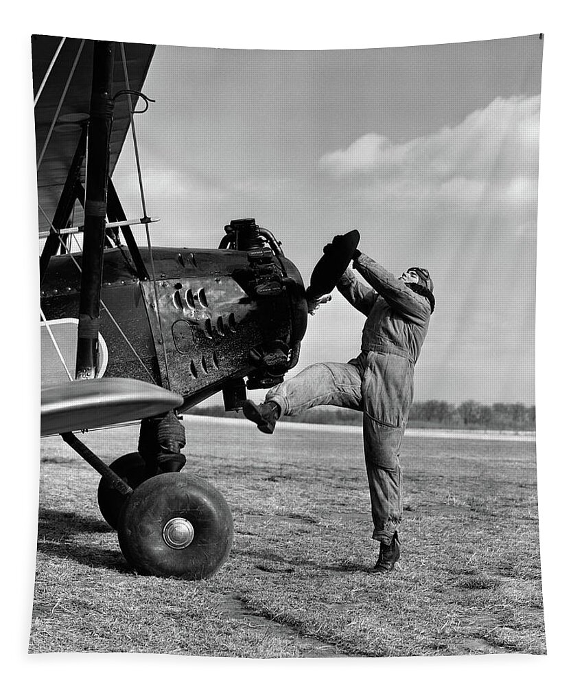 1920s Male Pilot Trying To Turn Planes Tapestry