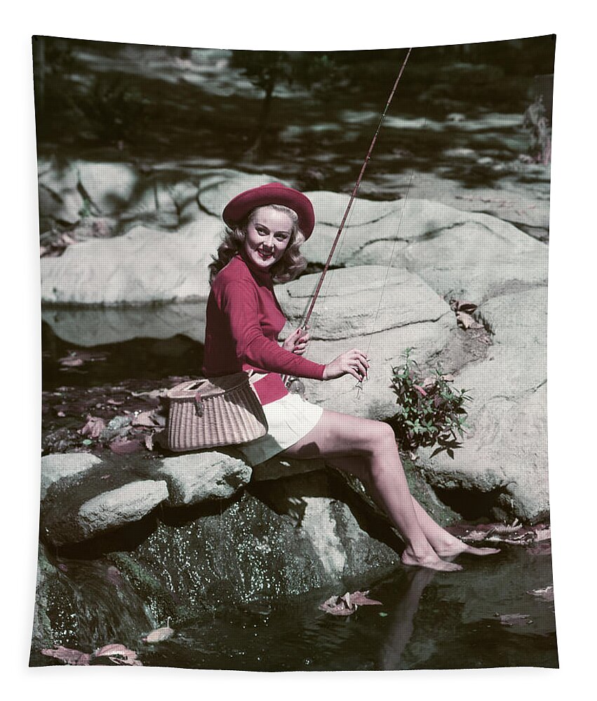 1940s 1950s Smiling Woman Fly Fishing Tapestry