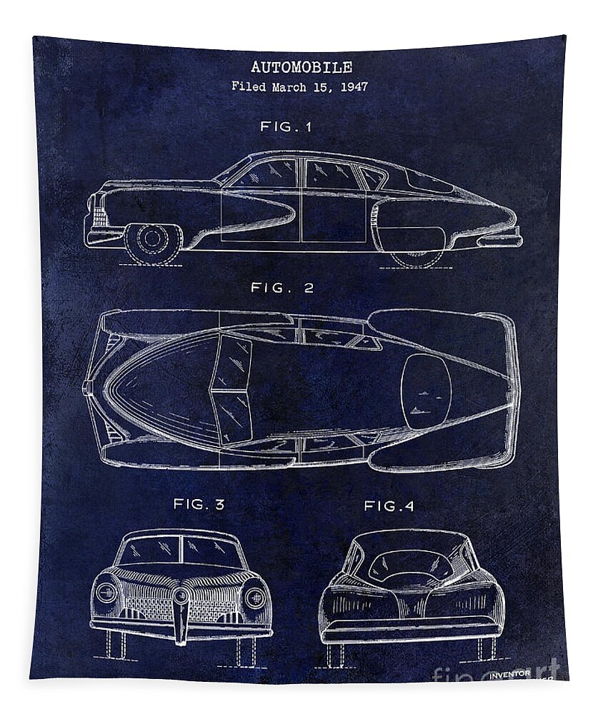 Patent Drawing Tapestry featuring the photograph 1949 Tucker Automobile Patent Drawing Blue by Jon Neidert