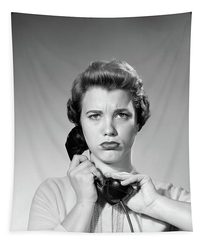 Photography Tapestry featuring the photograph 1950s Woman Holding Receiver Hand by Vintage Images