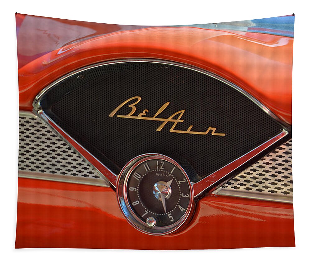 Car Tapestry featuring the photograph 1955 Chevy Bel Air Dashboard Clock by Mike Martin