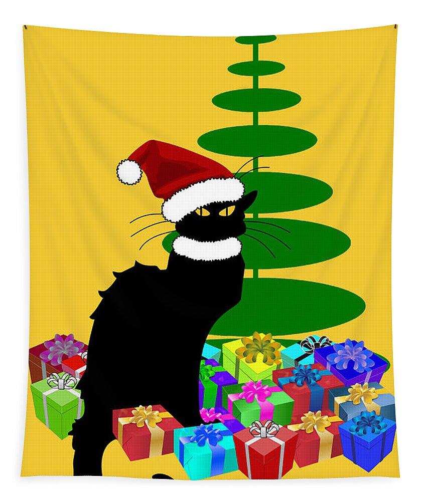 Le Chat Noir Tapestry featuring the mixed media Christmas Le Chat Noir With Santa Hat #2 by Gravityx9  Designs