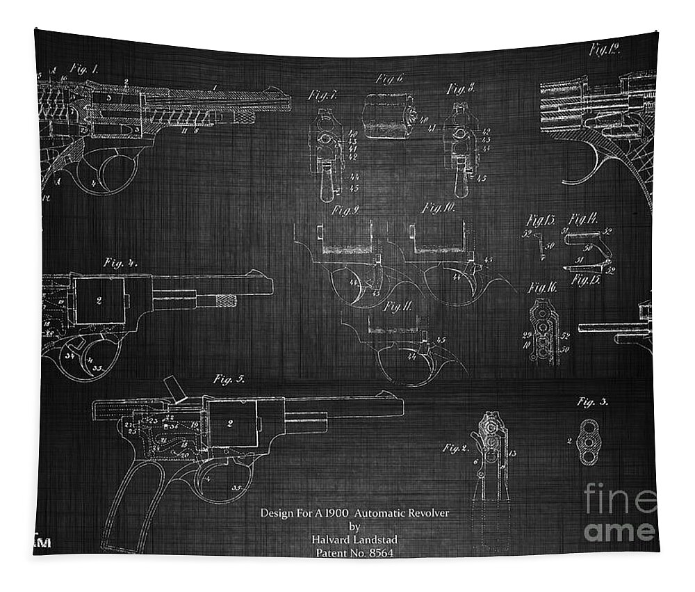Patent Tapestry featuring the photograph 1900 Landstad Automatic Revolver by Doc Braham