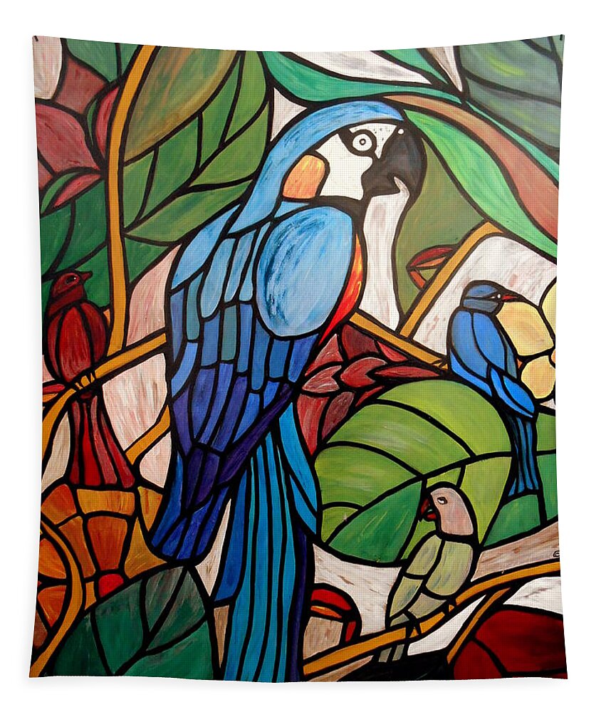 Mosaic Tapestry featuring the painting 3 Birds on a Vine #2 by Cynthia Amaral