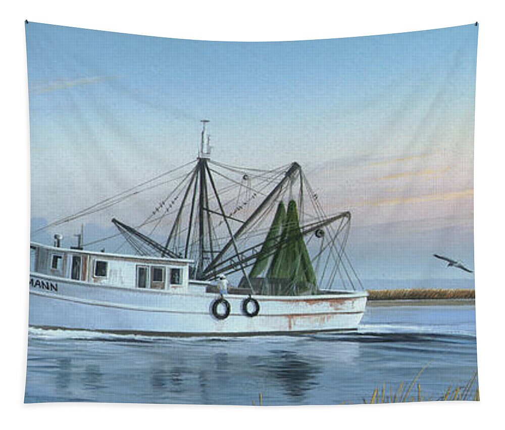 Shrimp Boat Tapestry featuring the painting Almost There #2 by Mike Brown