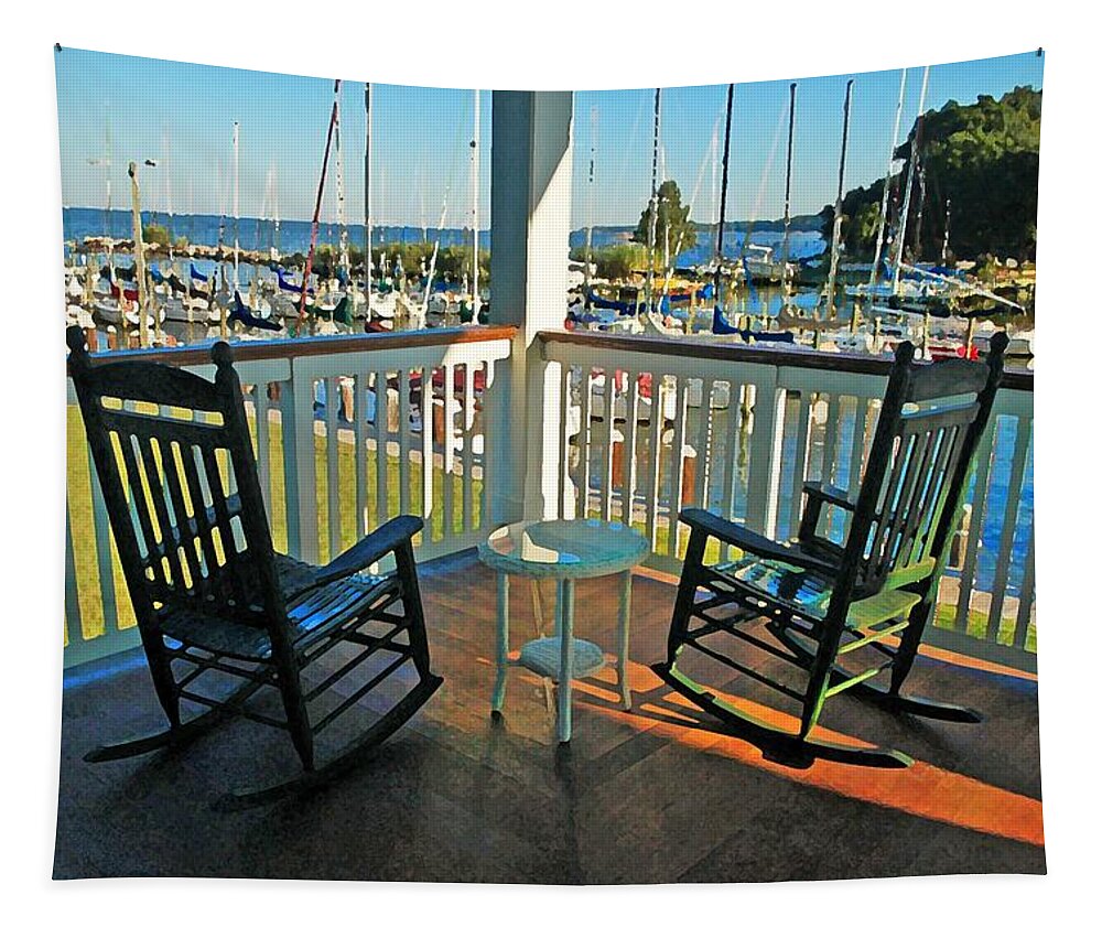 Fairhope Tapestry featuring the digital art 2 Chairs on the Fairhope Yacht Club Porch by Michael Thomas