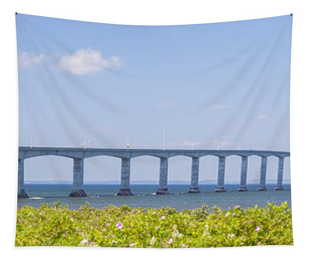 Bridge Tapestry featuring the photograph Confederation Bridge panorama 1 by Elena Elisseeva