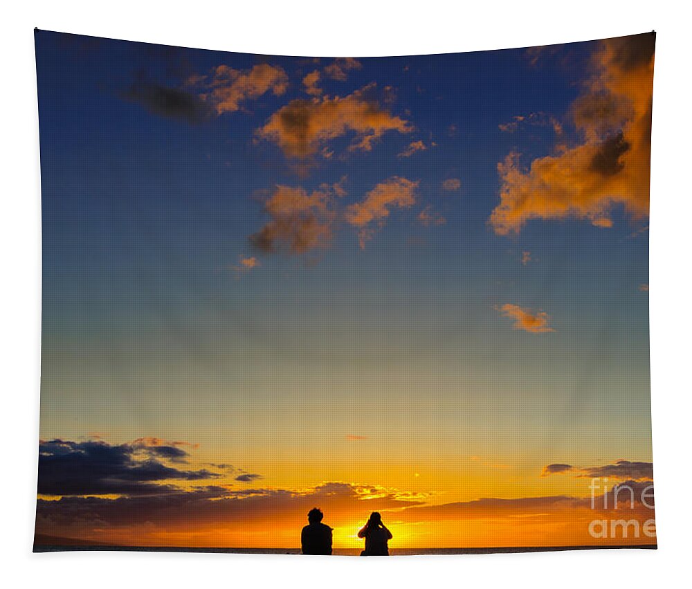 Hawaii Tapestry featuring the photograph Couple watching the sunset on a beach in Maui Hawaii USA #2 by Don Landwehrle