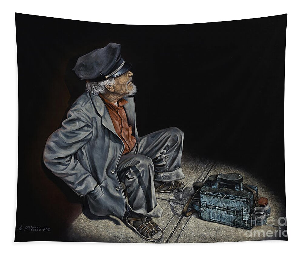 Shoeshiner Tapestry featuring the painting Empty Pockets by Ricardo Chavez-Mendez