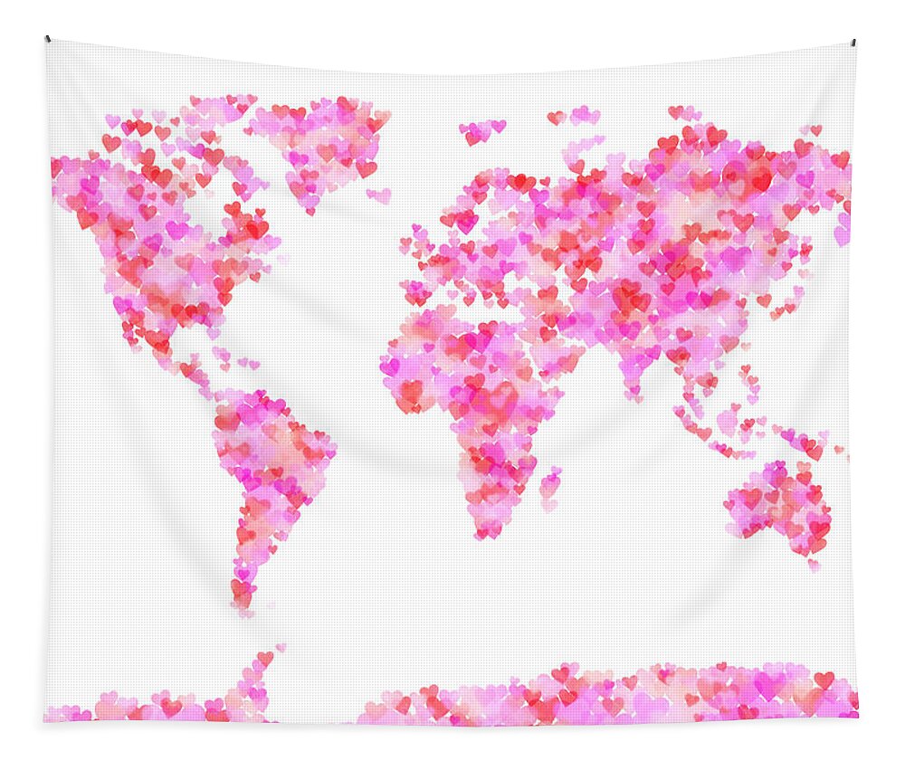 World Map Tapestry featuring the digital art Love Hearts Map of the World Map #2 by Michael Tompsett